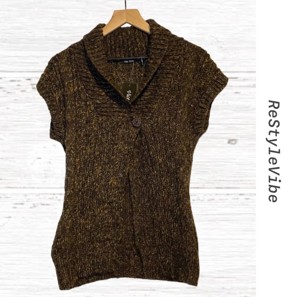 Vice Versa Women’s Size M Cardigan Sweater WOOL Short Sleeve Tunic Length NWT